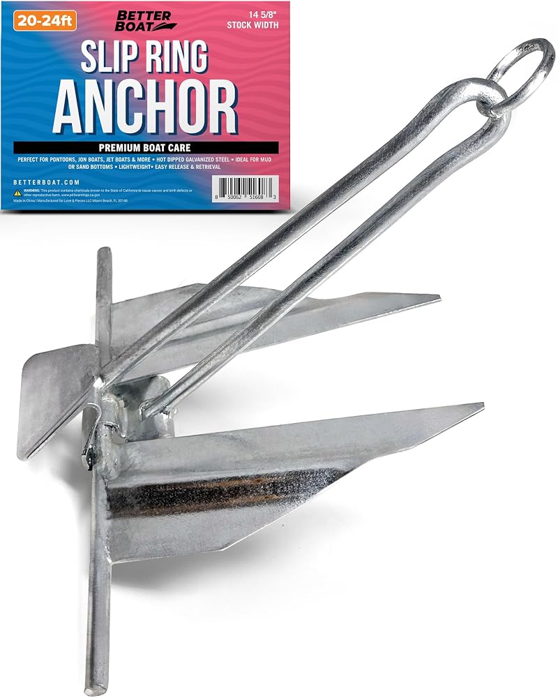 Boat Anchor with Slip Ring - Lightweight Fluke Anchor for Pontoon, Jon, or Small Boats (20-24 ft, 14 5/8" Stock Width) - Better Boat