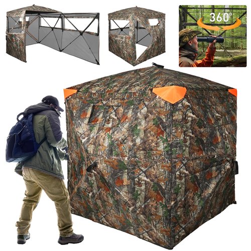 FUNHORUN Hunting Blind 360 Degree See Through Double Door Ground Blind for Hunting, 2/3 Person Pop Up Portable 58" Camouflage Deer/Turkey Tent with Blaze Orange Safety Panels