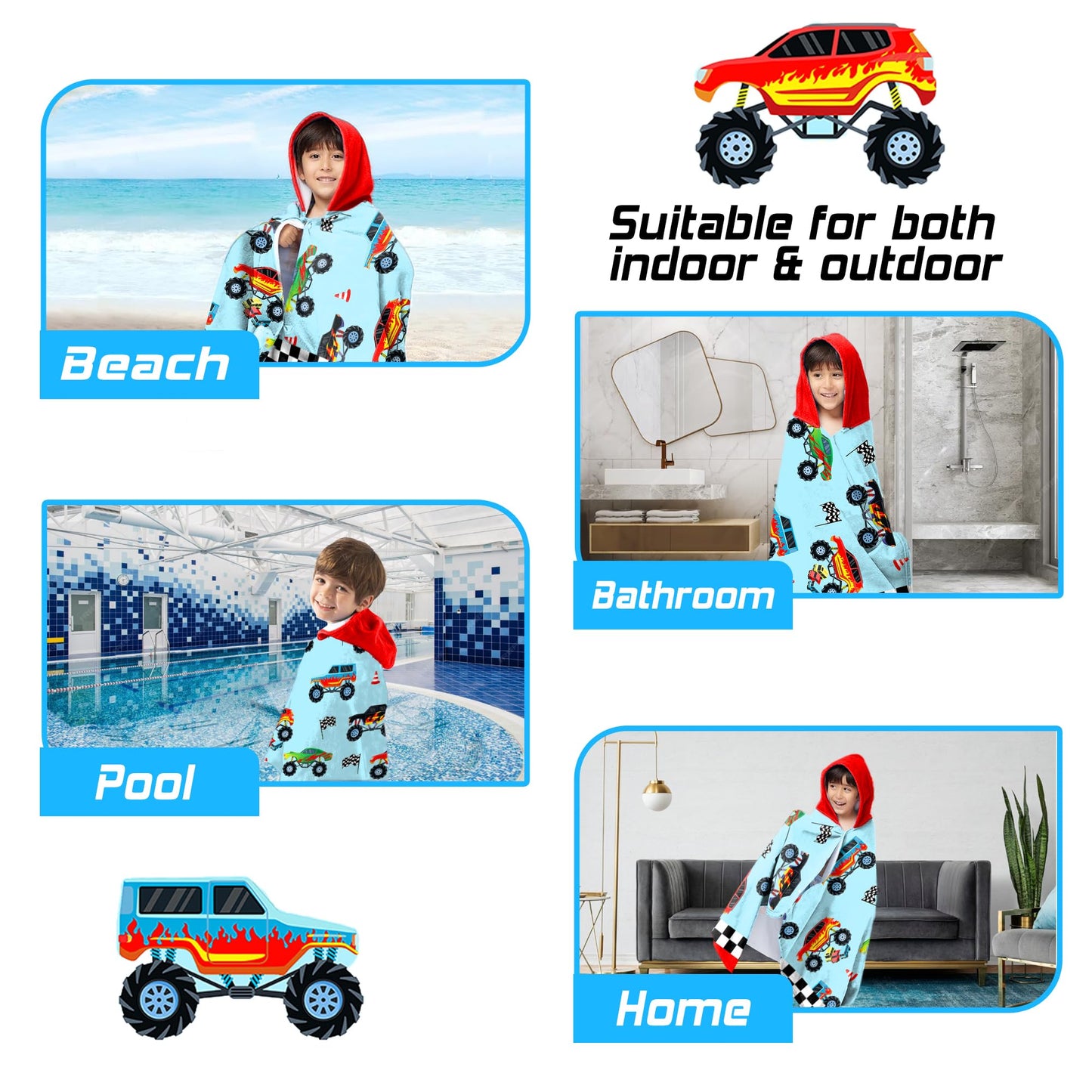 HSUIOFE Hooded Towels for Kids -Monster Toddler Beach Towel- Super Absorbent & Quick Dry 100% Cotton 30x50 Inch - to Kid Ages 3-10-Truck Cars Swim Towels