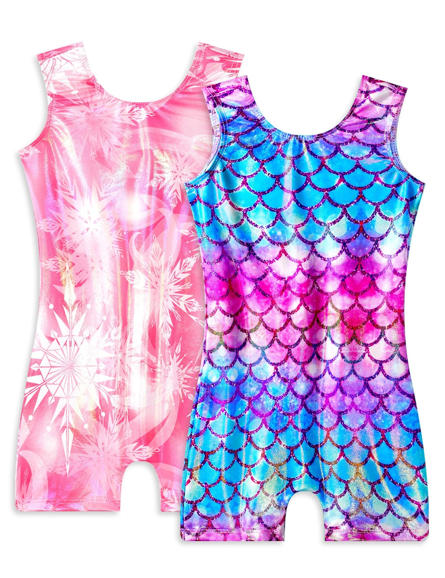 Snowheart Gymnastics Leotards for Girls - 2 Pack of Sparkly One-Piece Pro Kids Unitard Biketards with Shorts for Ages 2-9