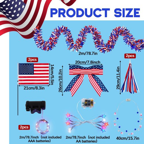 Buryeah 10 Pcs LED 4th of July Bike Decorations Kit Patriotic Bike Decor Wheel Light Bicycle Streamer Bow USA Flag Red White Blue Tinsel Garland Necklace Star Light Independence Day Parade Party Favor
