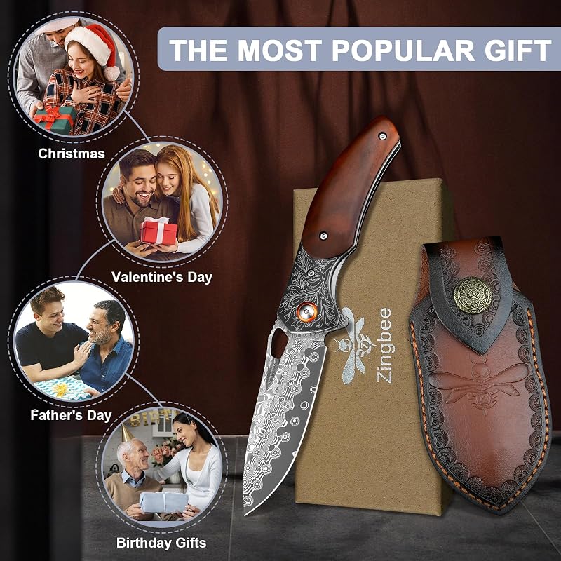 Damascus Pocket Knife with Rosewood Handle & Leather Sheath - 8.07in, DMPH