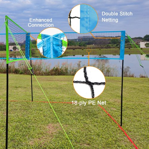 Zdgao Four Way Volleyball Net 14ft x 14ft Height Adjustable 4 Square Volleyball Badminton Outdoor Set for Backyard Lawn Beach Game Play | Come with Soft Volleyball, Hammer and Carry Bag