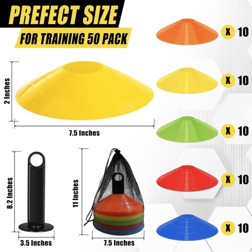 MIVERYEA 25/50 Pack Disc Cones for Sports Drills, Agility Training Cone for Soccer, Football, Basketball, Coaching, Practice Equipment with Carry Bag and Holder, 5 Color