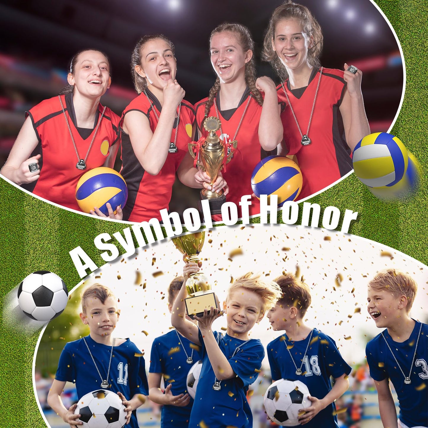 Landical 12 Packs Champion Trophy Rings Mvp Sport Award Gift with Neck Chain and Display Stand Box for Tournament or League Champion Winner(Silver)