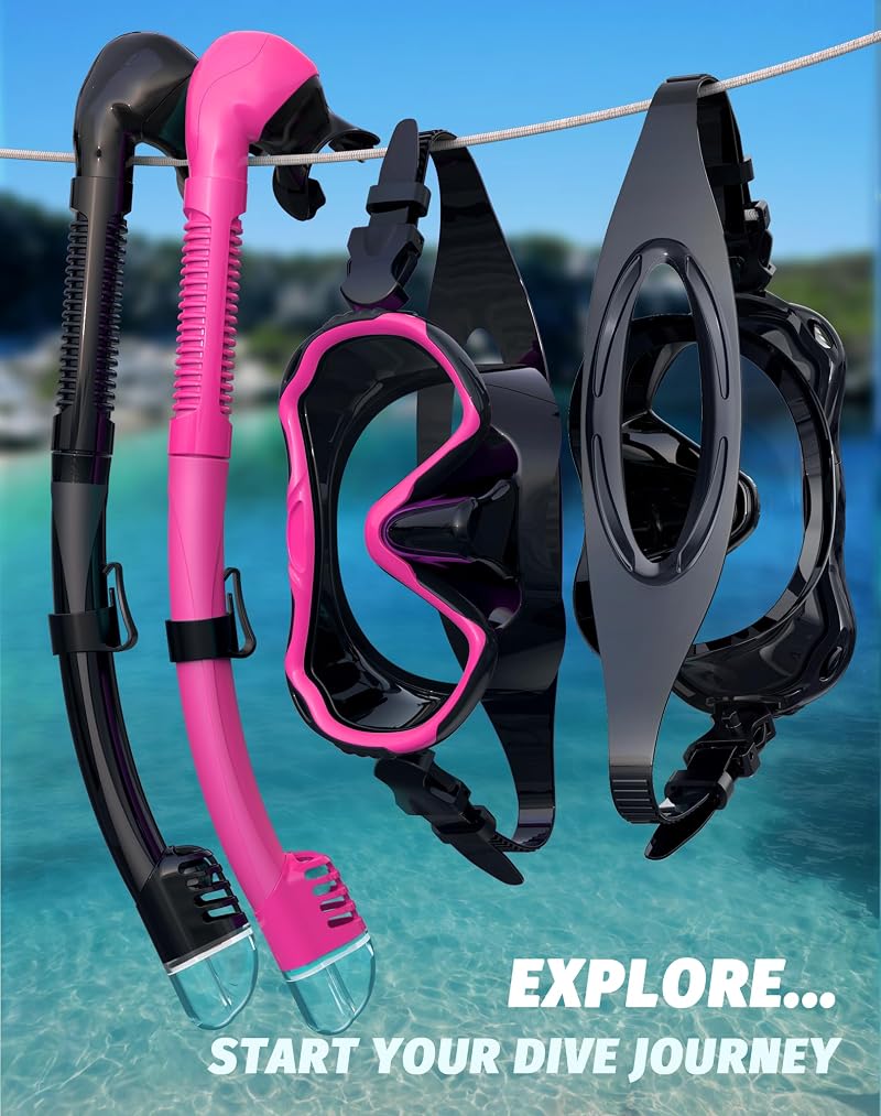 Diving Snorkel Mask Set 180° Vision Dry Top Anti-Fog Anti-Leak for Adults - Black Pink Variation