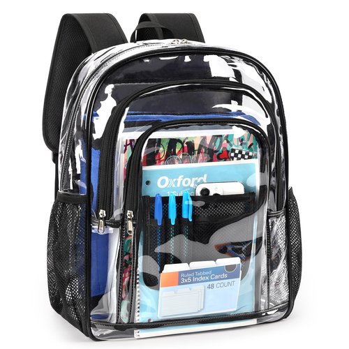 ZORFIN Clear Backpack Heavy Duty for School & Work – 18in Transparent PVC Bag with Large Capacity & Reinforced Straps – See Through Bookbag for Men, Women, Boys & Girls, Workplace Security Black