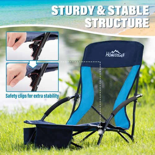 Homcosan Portable Low Folding Beach Chairs Set of 2 - Lightweight Camping Chairs for Adults with Cup Holder & Storage Pockets, Carry Bag Included (Navy & Blue)
