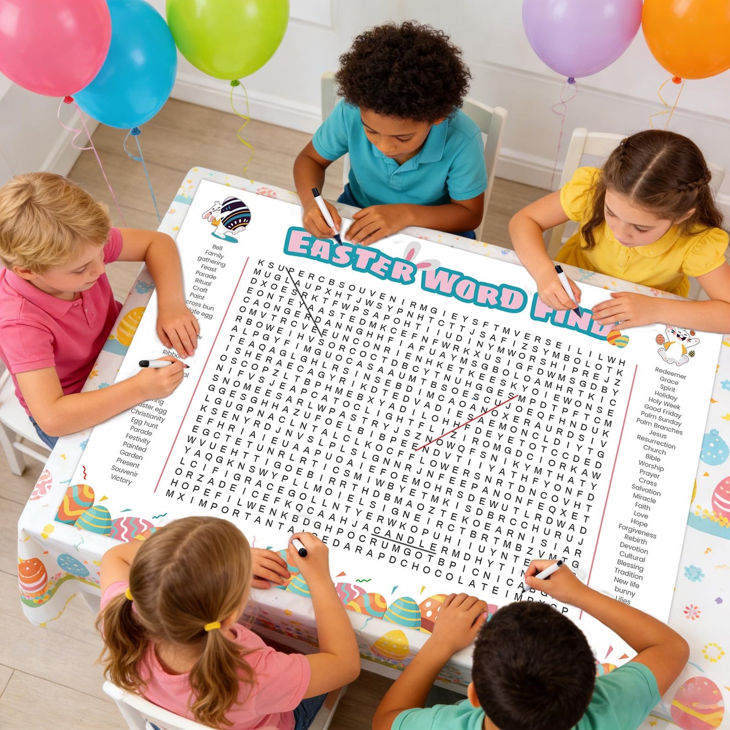 WBCPATY Jumbo Large Size Easter Word Search Poster, 53" X 36" Giant Holiday Word Search Wall Poster for Easter, Wall Game with 64 Words for Family Holiday Party Activity