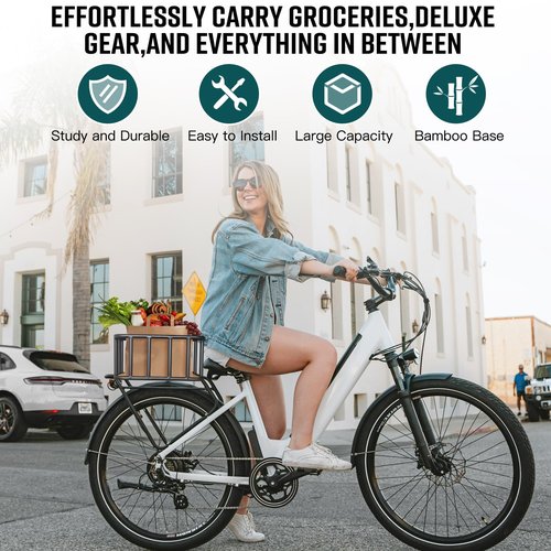 RAYMACE Bike Basket Rear, Bamboo Base Bicycle Basket with Rainproof Cover, Liner & Cargo Net, Large Capacity Rear Bike Rack Baskets Fits Most Bikes & E-Bike