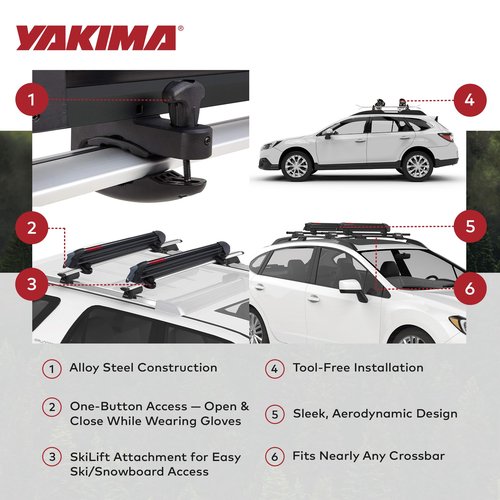 Yakima Ski & Snowboard Car Roof Rack, Fits 6 Ski Pairs or 4 Boards, PowderHound 6 - for Reliable & Secure Transport, Compatible with Yakima Crossbars