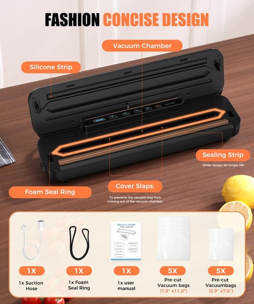 Vacuum Sealer Machine for Food Preservation, 6-in-1 Food Sealer for Freshness Storage, 75kpa Compact Vacuum Sealing Machine with External Sliding Blade, Digital Countdown Timer Black