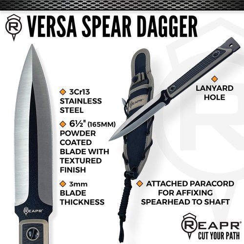 Reapr VERSA SPEAR DAGGER 12" Convertible Knife with 6.5" Dual-Edge Blade, 420 Stainless Steel, TPR Handle, MOLLE-Compatible Sheath, Take-Down Wrench & Paracord for Survival & Camping