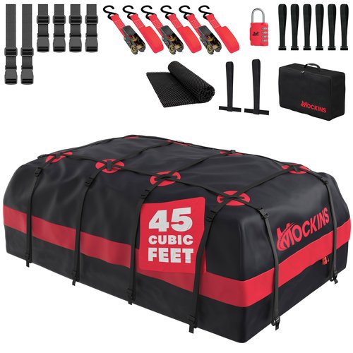 Mockins 45 Cu.Ft. XL Waterproof Rooftop Cargo Bag | 75"x48"x22" Heavy Duty Rooftop Cargo Carrier for Use with or w/o Roof Rack | Car Roof Bag Set Includes Top of Car Storage Mat, Lock, Hooks & Straps