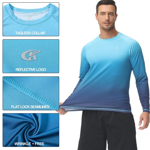 Satankud Men's Long Sleeve Swim Shirts Rashguard UPF 50+ UV Sun Protection Shirt Athletic Workout Running Hiking T-Shirt Swimwear (Blue Gradient,Large)
