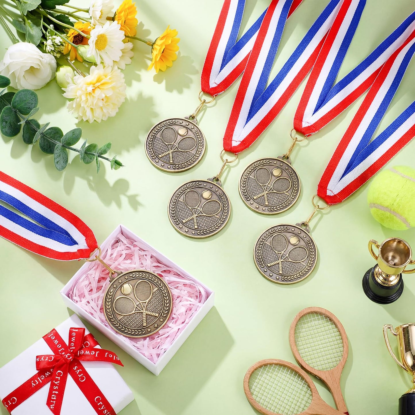 Remuuly 12 Pcs 2'' Gold Award Medals with Neck Ribbons Metal Champion Trophy Medal for Baseball Softball Soccer Volleyball Football Sports Games Events Party Prize Player Team Winner Gift(Tennis)