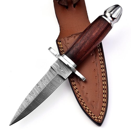 FBcrafts Handmade Damascus Dagger - Double Edge Knife, 8.5 in Edc Fixed Blade for Hunting Wood Handle Leather Sheath