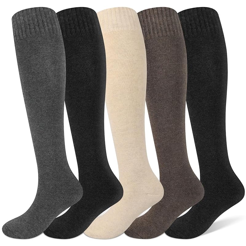 Justay 5 Pairs Thick Knee High Socks for Women - Black Dark Grey Coffee Khaki (One Size)