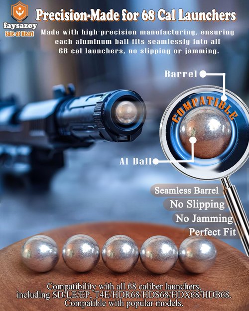 Faysazoy 50 x .68 Caliber Self Defense Balls & Projectiles, 7.3g, Hard - Reusable 0.68 Caliber Aluminum Balls for Home Defense, Practice, and Training (50)