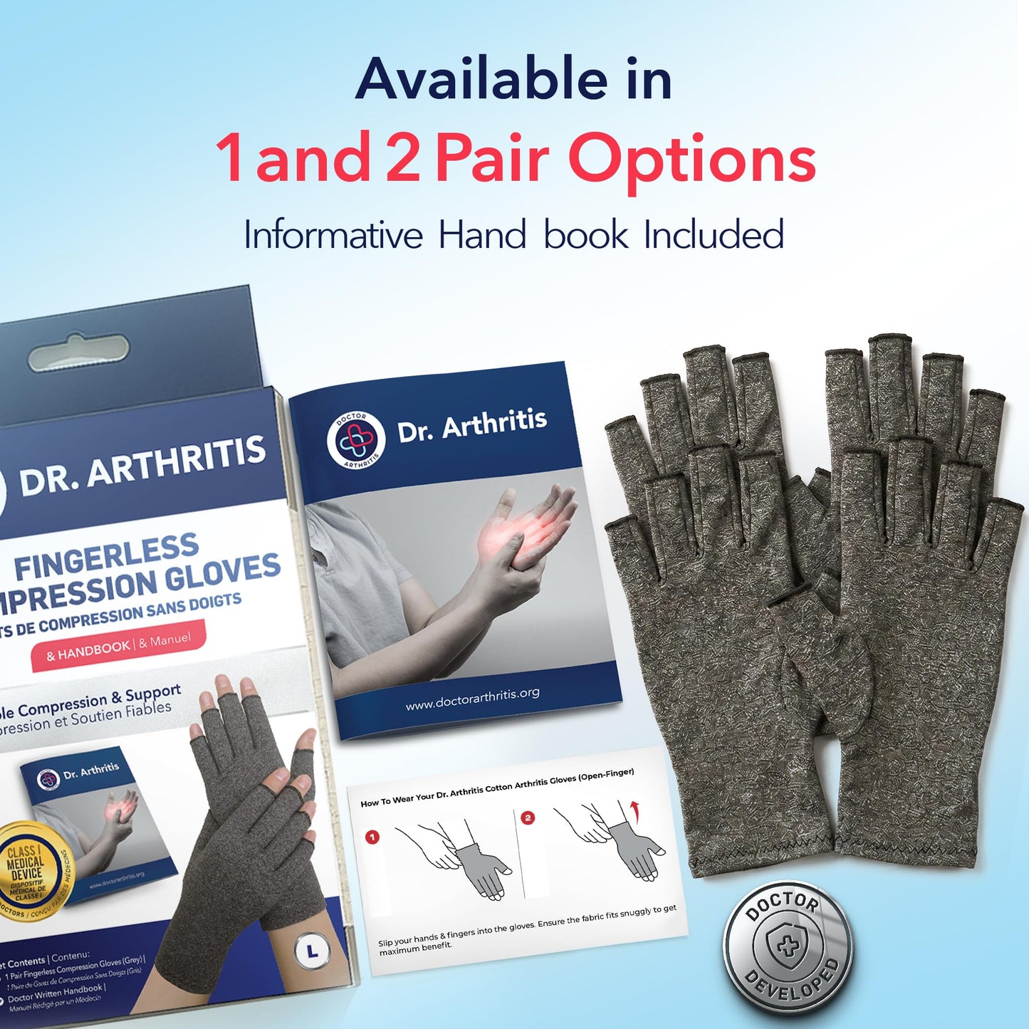 Doctor Developed Compression Gloves for Women and Men, Open-Finger Arthritis Gloves for Carpal Tunnel, Typing & Hand Pain Relief, With Doctor Handbook (Grey, M)