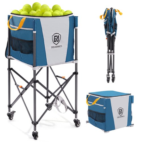 EVER ADVANCED 150 Tennis Capacity Ball Hopper Rolling Ball Cart with Side Pockets, 16.2 x 16.2in Folding Pickleball Basket with Wheels, Sports Equipment Organizer for Baseball Training/Practice, Blue