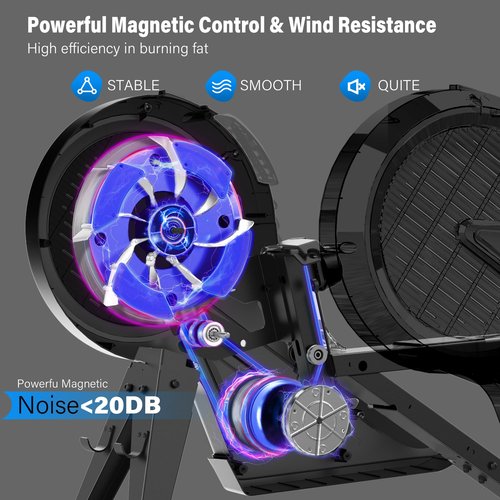 pooboo Full Motion Rowing Machines for Home, Dual Wind & Magnetic Resistance, Foldable Row Machine Up to 400LB Weight Capacity, 14 Levels of Quiet Resistance Rowers for at Home Exercise, App Supported