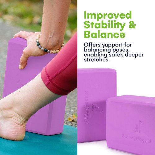 SteadyDoggie Yoga Blocks - Yoga Mat and Blocks Set - Lightweight Yoga Blocks Foam - Non-Slip Surface Exercise Block - Durable Yoga Foam Material - Purple Blocks - Pack of 2-9.05" x 3.85" x 5.91"