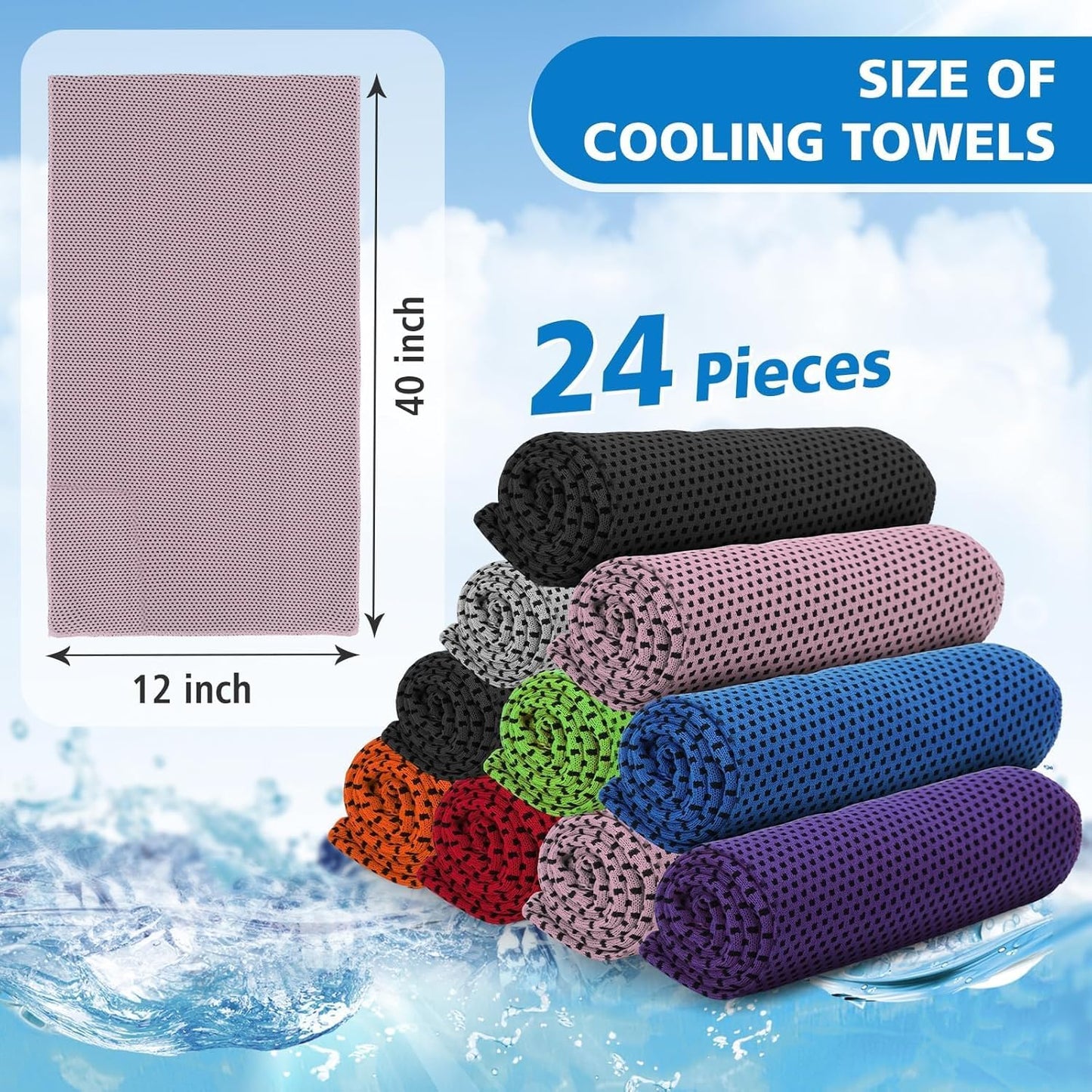 24 Pack Cooling Towels Bulk for Neck and Face 40"x12" Ice Cooling Sweat Rags Microfiber Soft Breathable Soft Chilly Towel for Yoga Golf Sport Running