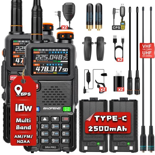 BAOFENG 5RH PRO GPS 10W Ham Radio Handheld, Tri Band Two Way Radio-VHF/1.25M/UHF, 640 Channels, APRS, Aviation Police Band Scanner, NOAA Weather 5RM Upgrade Walkie Talkies Long Range -2Pack