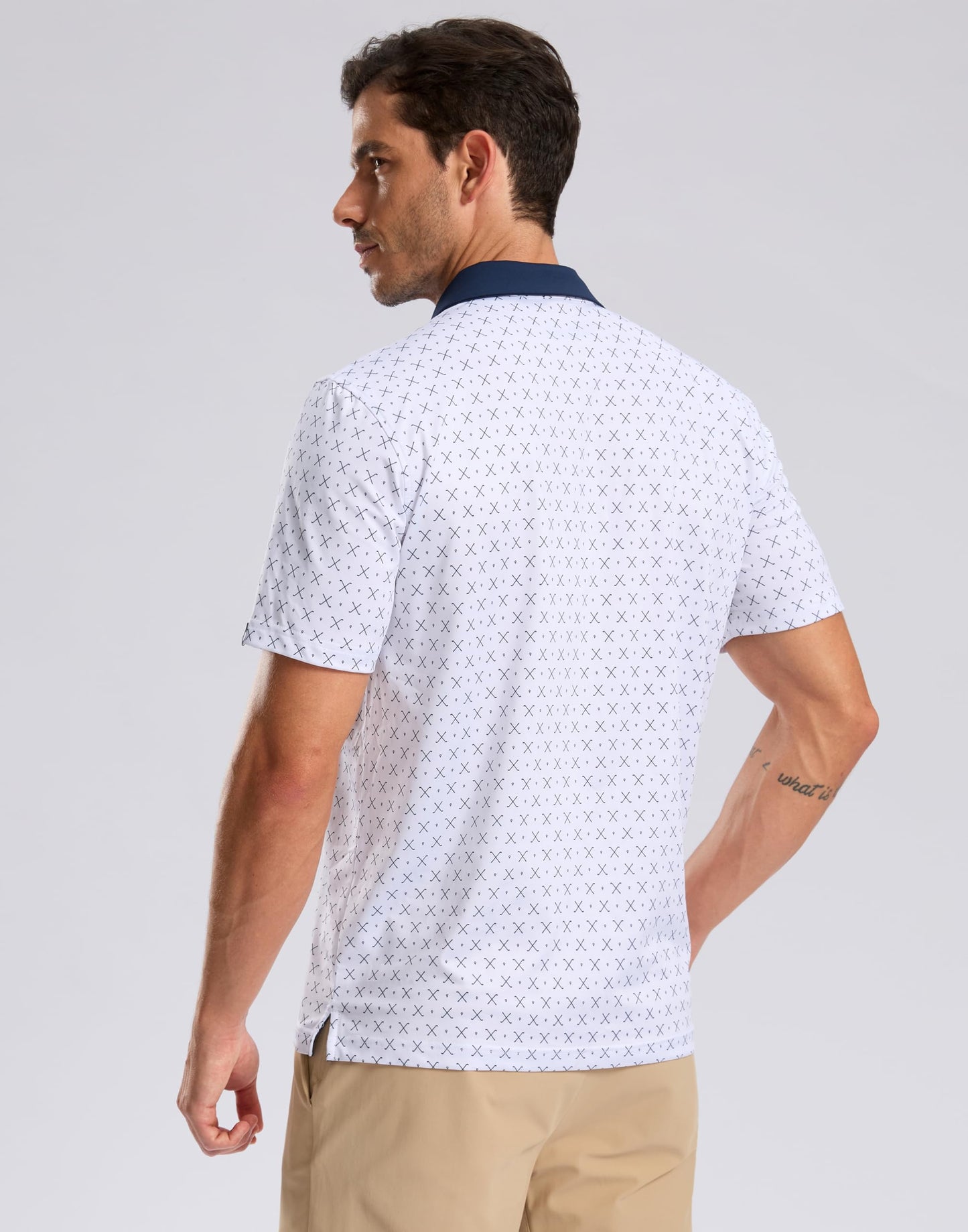 Men's Golf Shirt Short Sleeve Dry Fit Polo Moisture Wicking Print Collared Golf Shirts for Men Casual Lightweight(Golf Clubs White,L)