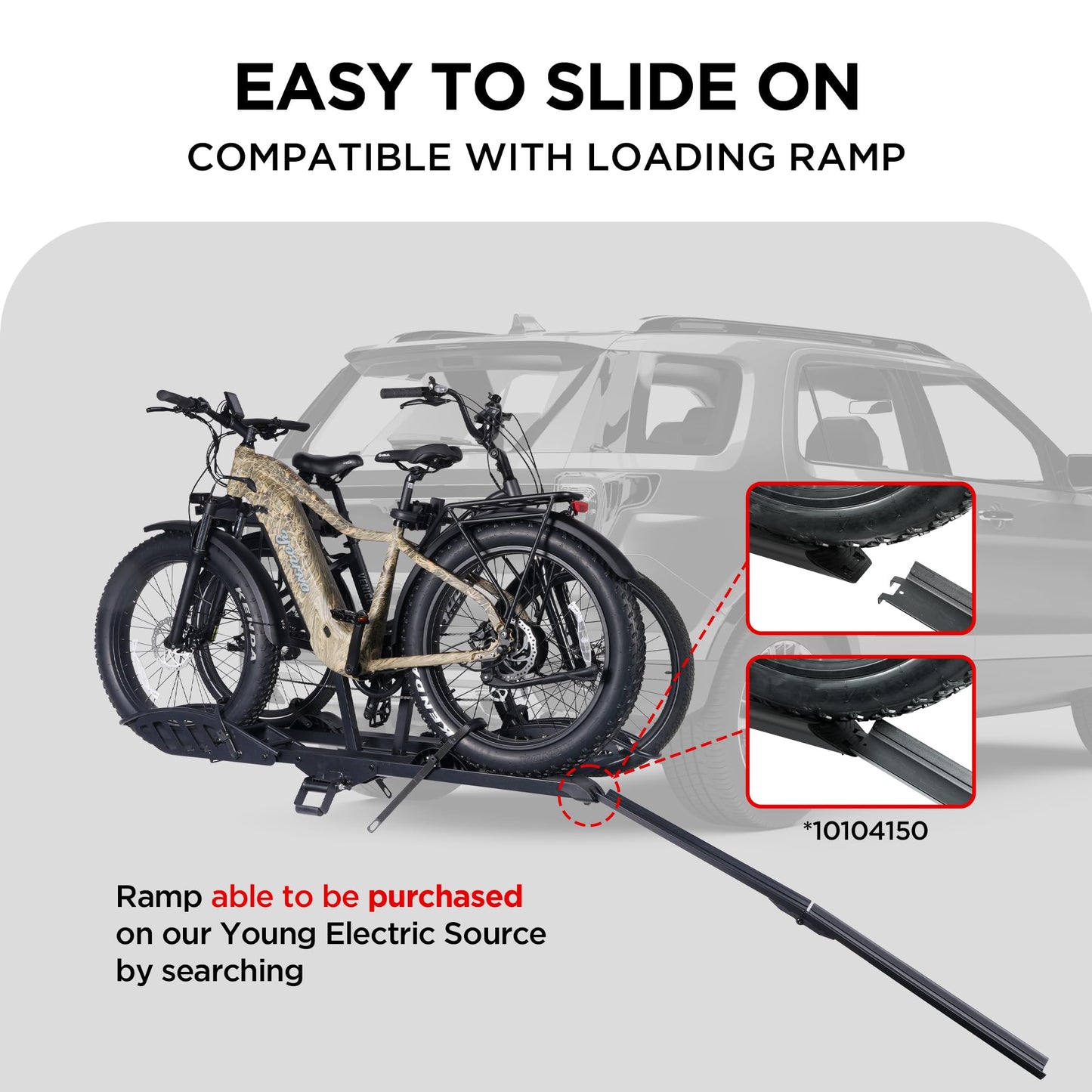 Young Electric Hitch Mount 2 EBike Rack, 200 lbs Capacity Electric Bike Carrier Foldable Platform Mount, Up to 5-inch Fat Tire Bicycle for 2'' Receiver Cars Trucks SUVs Minivans RV, Trailer