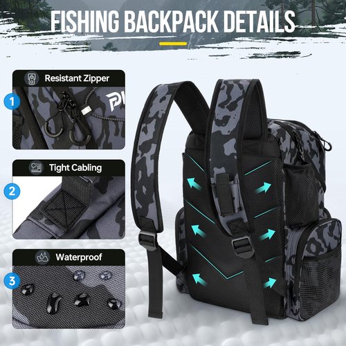 PLUSINNO Fishing Backpack with Rod Holders & Cooler, 45L Large Water-resistant Tackle Bag, Black Camo