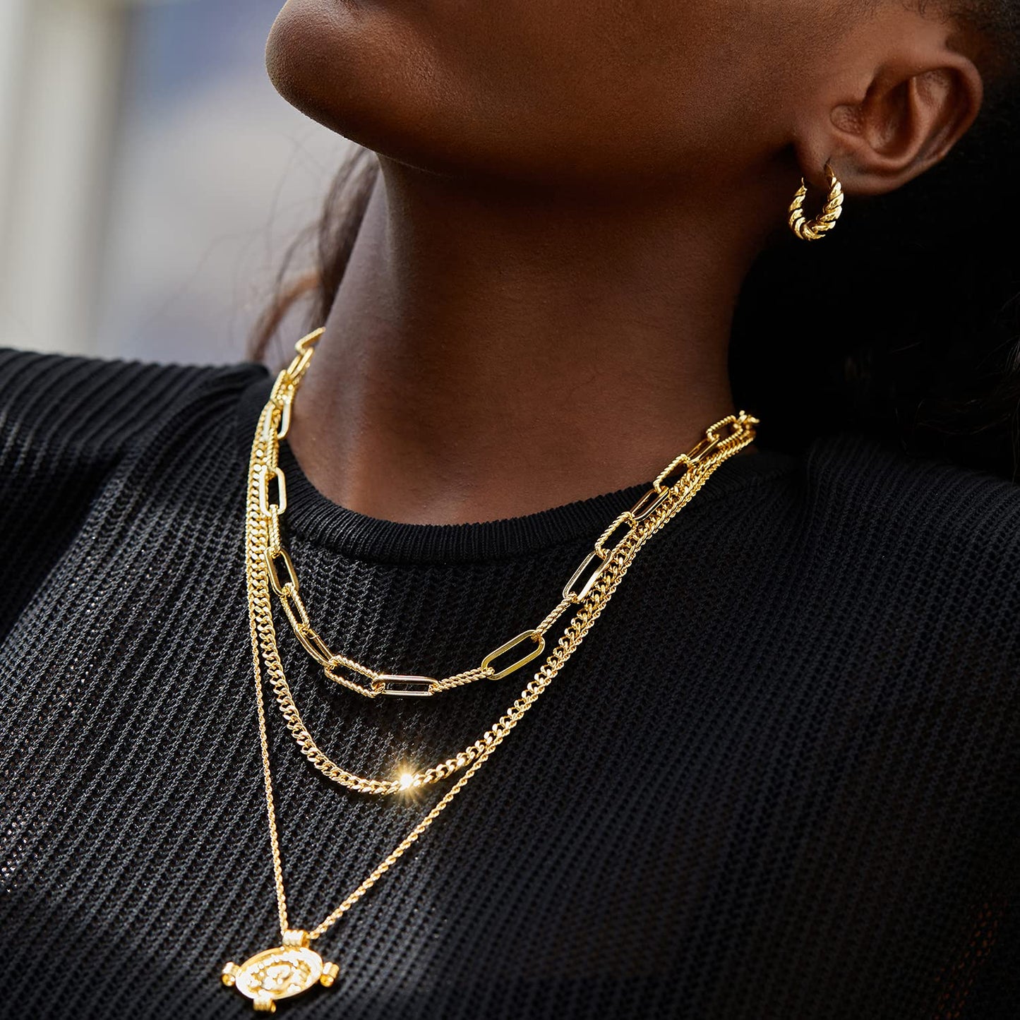 FRUMOS Dainty Layered Choker Necklace 18K Gold Plated Y Pendant Necklace Multilayer Adjustable Layering Choker Necklaces for Women Girls（Green gemstone pendant） (Green gemstone pendant)