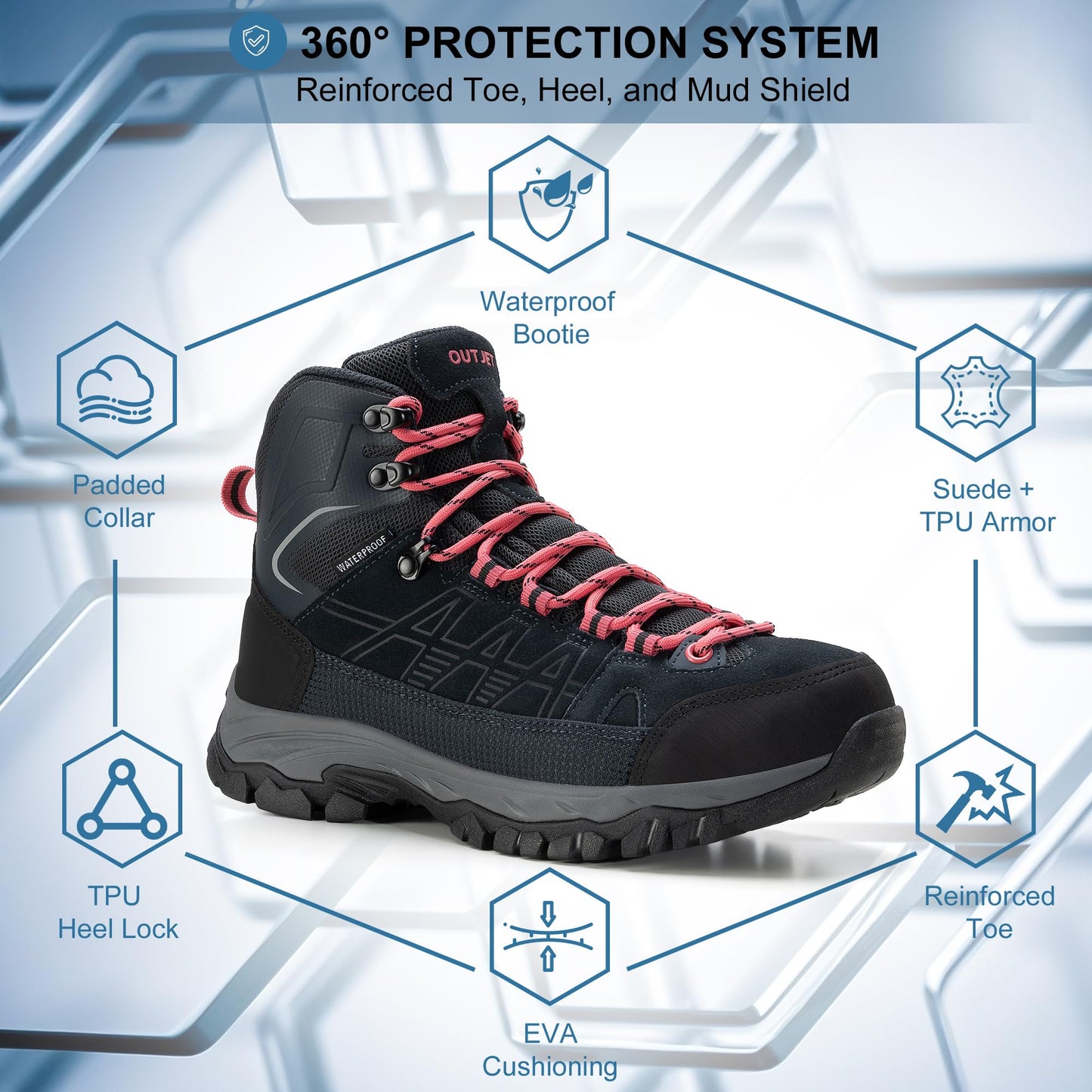 OUTJET Women's Waterproof Hiking Boots Lightweight Comfortable Non-Slip Outdoor Walking Trekking Trails Boot