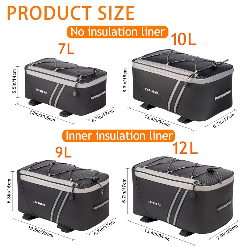 Insulated 9L Rear Bike Rack Bag with Rain Cover - 9L Capacity, 12.6 x 6.7 x 6.3in, Includes Top Pocket & Reflective Strips