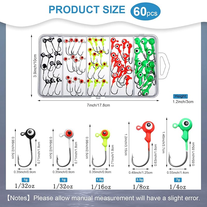 60 Pcs Crappie Jig Heads for Freshwater & Saltwater Fishing — 1/16 oz, Bright Colors, Includes Plastic Box