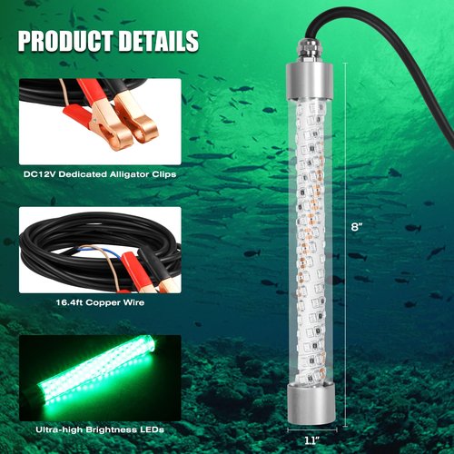 HUSUKU FS0-1 LED Underwater Fishing Light - DC12V 100W 10,000lm with 16.4ft Cord Green Night Fishing Lights, Glowing Fish Attractor, IP68 Submersible Boat Lamp for Snook Crappie Squid Shrimp