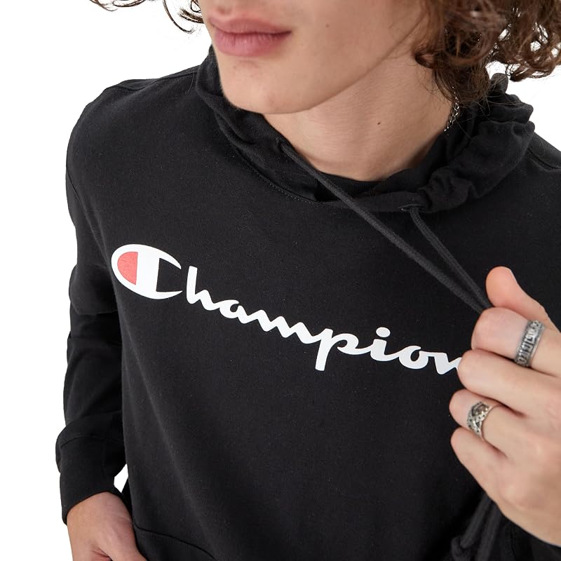 Champion Men’s Long Sleeve T‑Shirt Hoodie - Black with Classic Script Logo