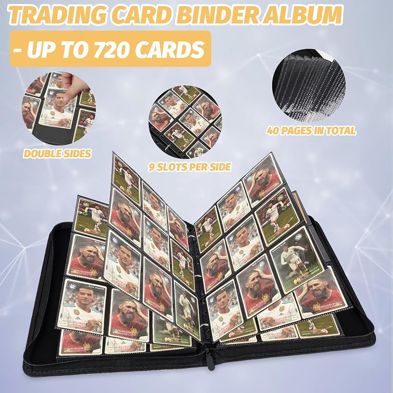 9-Pocket 3-Ring Card Binder 720 Capacity Purple – Zippered PU Album for TCG & Sports Cards (Variation: Carbon Purple+9 Pocket 720)