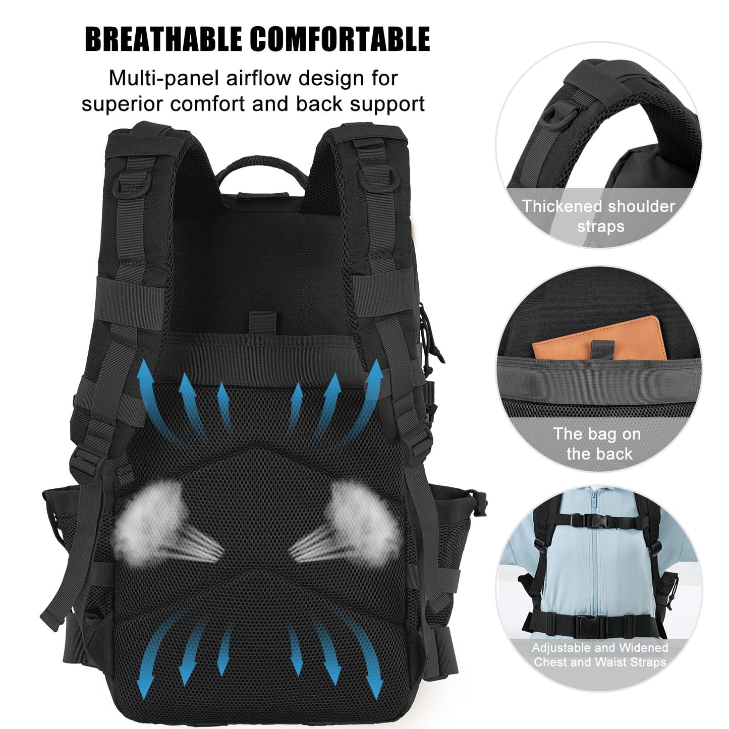 kookoomia Military Tactical Backpack 25L Day Backpack for Men Molle Army 3 Days Assault Pack Bug Out Bag Water Resistant and Heavy Duty Hiking Treeking Rucksack - Black