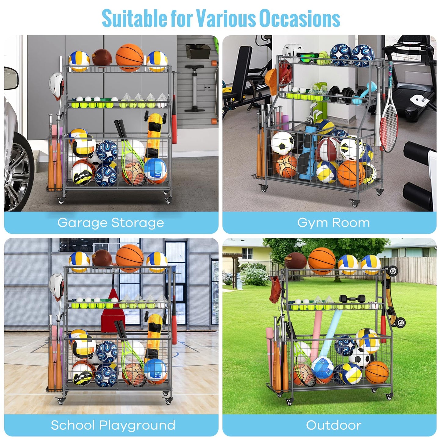 WUC Sports Equipment Garage Organizer - Garage Ball Storage Rack with Basket, Hooks and Rolling Cart for Sports Gear and Toy Storage, Grey