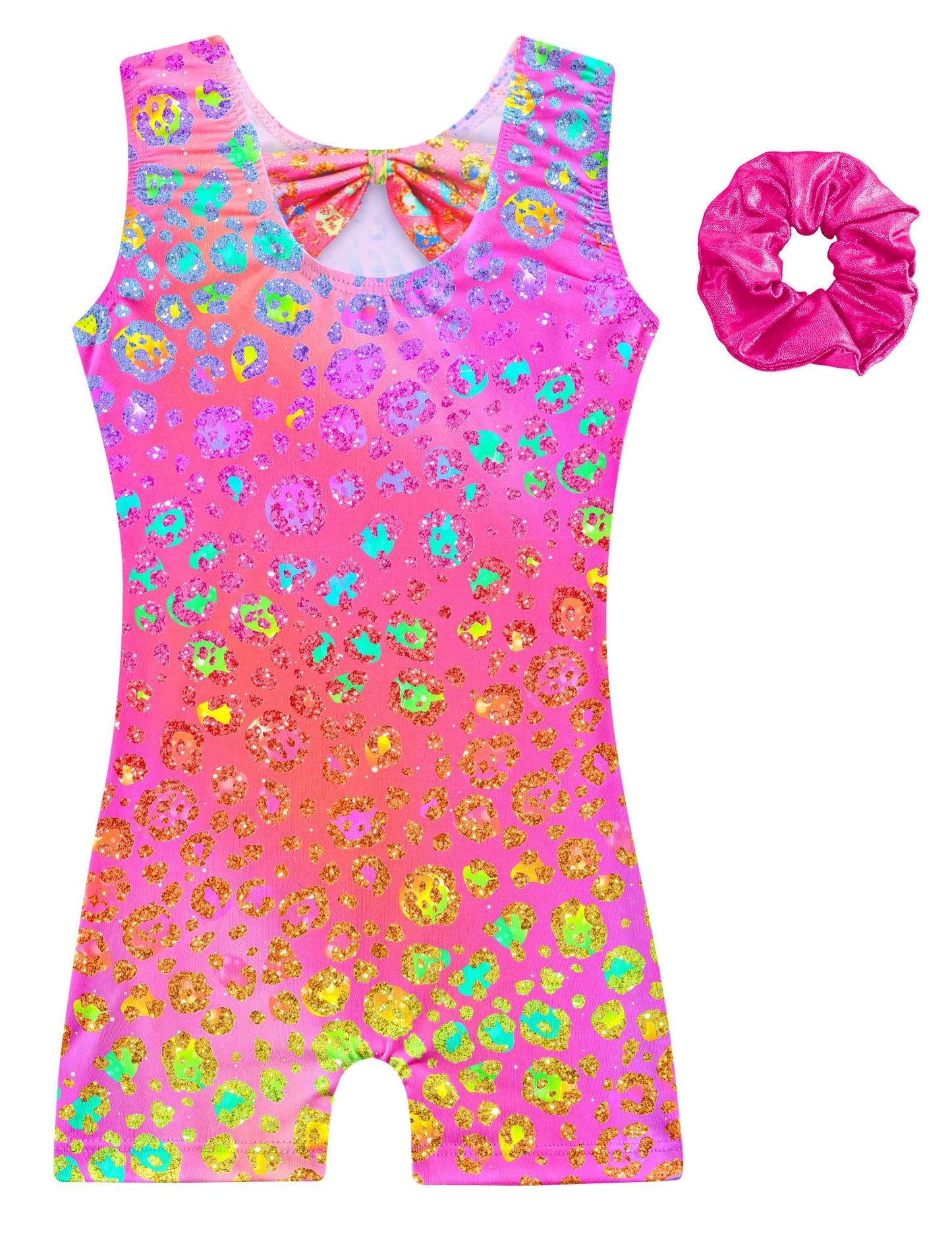 Alikhonf Leotard for Girls Gymnastics 3t 4t Sparkly Pink Leopard Sleeveless Unitard with Bow Back Matching Rose Hair Scrunchie