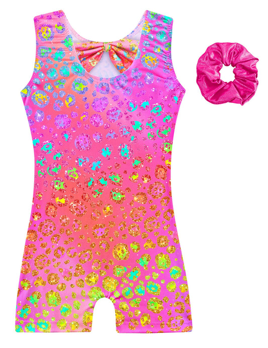 Alikhonf Leotard for Girls Gymnastics 3t 4t Sparkly Pink Leopard Sleeveless Unitard with Bow Back Matching Rose Hair Scrunchie