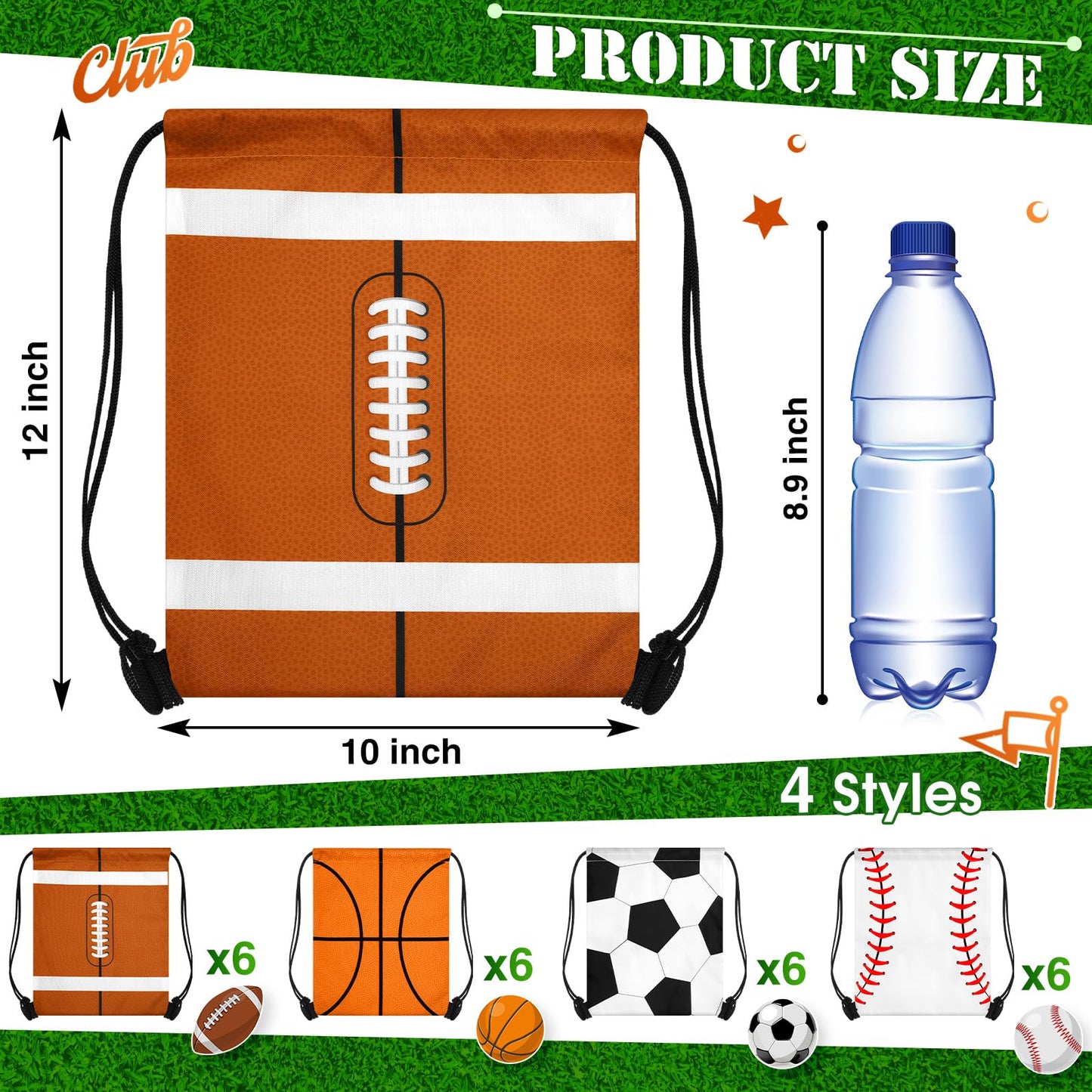 Censen 24 Pcs Drawstring Bags Set Bulk 12 x 10 Inch Waterproof Beach Bag for Soccer Baseball Basketball Football Gift Party (Sport Style)