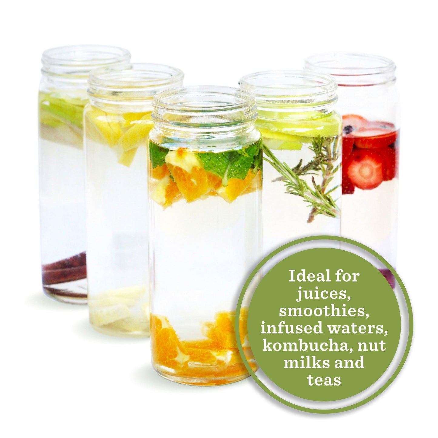 All About Juicing Clear Glass Water Bottles Set - 6 Pack Wide Mouth with Lids for Juice, Smoothies, Beverage Storage - 16 oz, Durable, Reusable, Dishwasher Safe, Leak Proof (Black Caps)