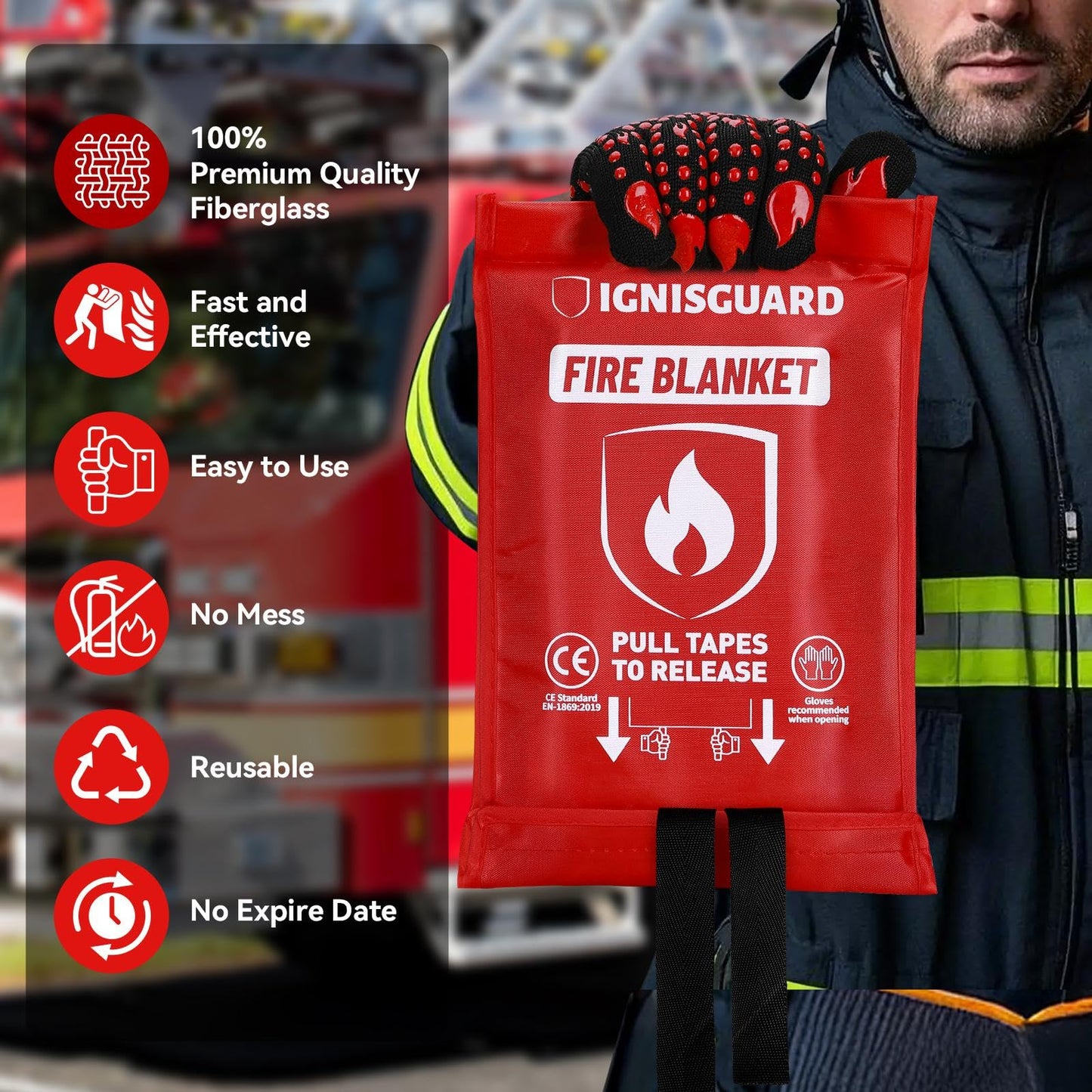 IGNISGUARD Emergency Fire Blanket for Home and Kitchen, 1-Pack 40"x40", Fiberglass Fire Blankets Emergency for Home BBQ Grill Camping Car Office Warehouse Picnic Fireplace Fireproof Survival Safety