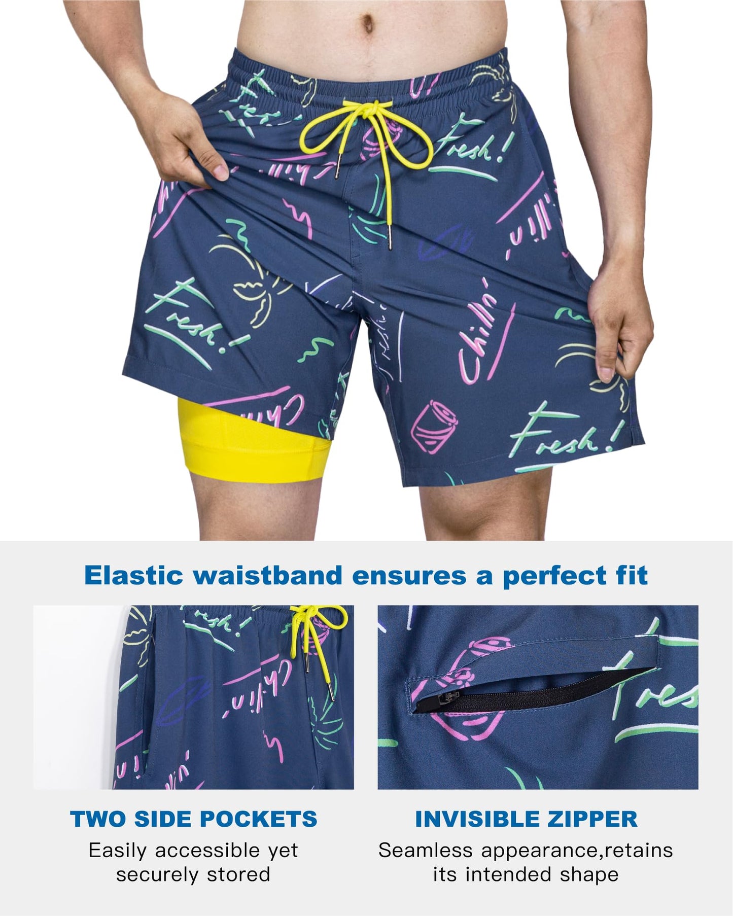 SURF CUZ Mens Swim Trunks with Compression Liner Quick Dry Swim Shorts 7" Swimming Trunks Stretch Bathing Suit Zipper Pockets,Mariner Doodles,XXL