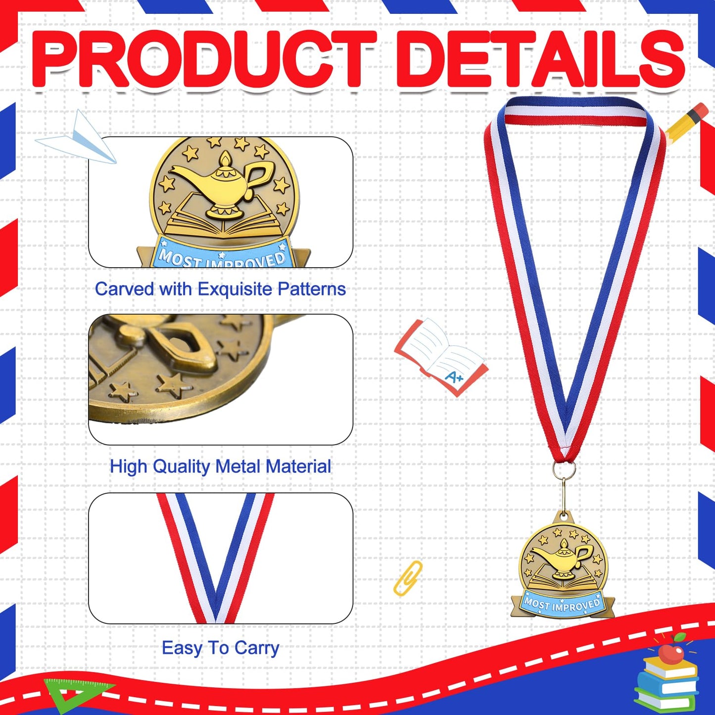 Loetere 20 Pcs Academic Excellence Medals Bulk 2.4 inch Reading Gold Medals with Neck Ribbons Metal Trophy Award Prize Gifts for Adult Book Lover Competitions Party(Most Improved)