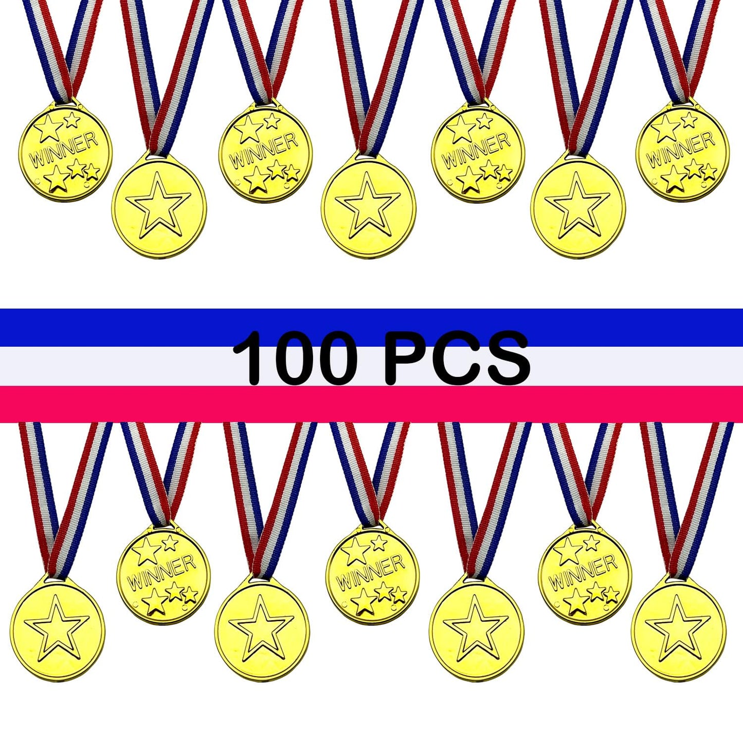 Oisinlas Gold Winner Award Medals for Kids, 100 Pcs Plastic Award Medals for School Sports, Soccer Competitions, Games, Gymnastic, Party Favors, Dress Up or Celebration Souvenir