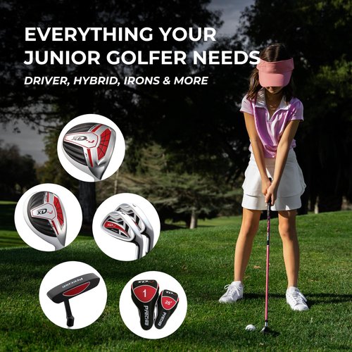Precise XD-J Junior Golf Clubs Set ??Right & Left Hand Options ??Kids Golf Clubs for Ages 3-5, 6-8, 9-12 ??Lightweight Graphite Shafts, Hybrid Club, Stand Bag ??Boys & Girls Golf Set